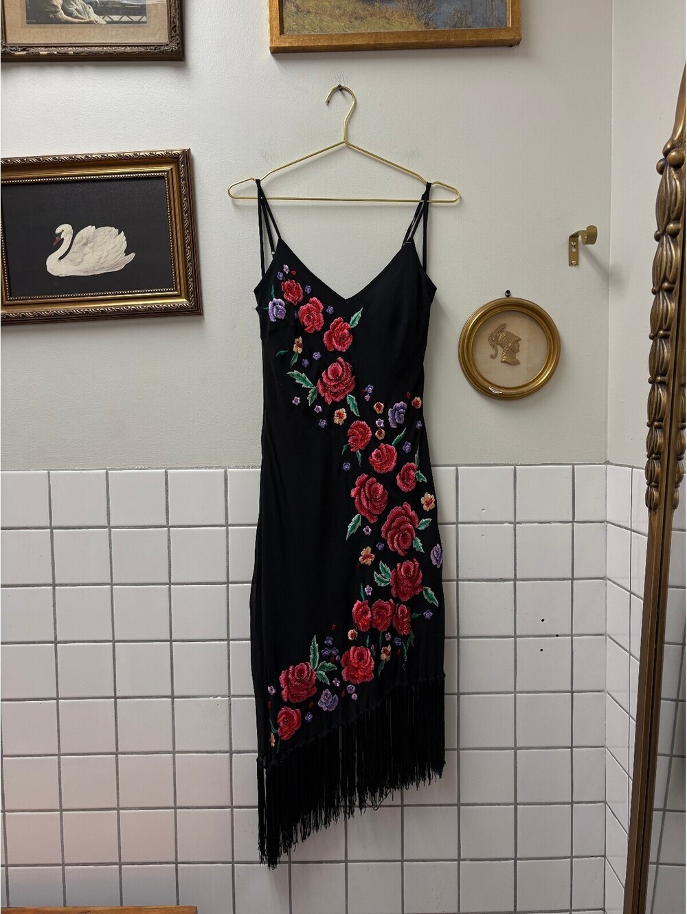 Vintage Sue Wong Black Silk Midi Dress with Floral Embroidery and Fringe